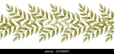 Nahtloser Aquarellrand mit grünen Zweigen in zartem botanischen Stil. Perfekt für Einladungen, Hochzeitsdekor, Schreibwaren, Verpackungen, Stoff Stockfoto