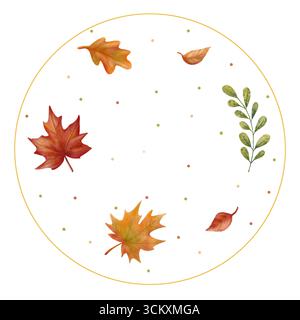 Herbstlaub in Aquarellfarben und grüner Zweig in einem Kreis mit Punkten, gezeichnet in zarten handgemalten Stil. Perfekt für Grußkarten, saisonale Einrichtung Stockfoto