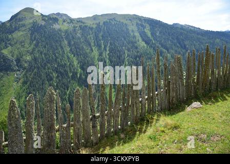 Alter Lärchenzaun mit Bergpanorama in den Alpen Stockfoto