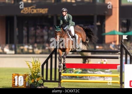 Daniel Coyle aus Irland, Riding Legacy, tritt in der ersten Runde des BMO Nations Cups 2025 während der Spruce Meadows Masters am 6. September 20 an Stockfoto