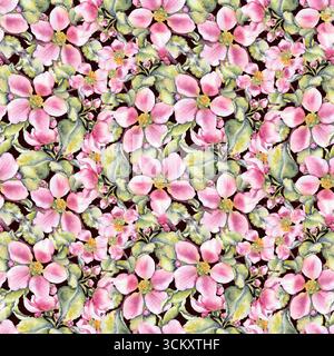 Aquarellillustration von rosa Apfelblüten mit grünen Blättern nahtlosem Muster auf weiß. Geeignet für Öko-Kosmetik, Blumenverpackungen, saisonales Branding, Frühlingsfeste und Hochzeitspapiere. Stockfoto