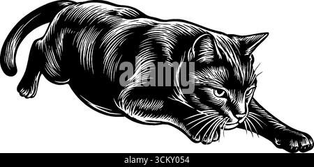 Dramatischer Schwarzweiß-Holzschnitt von Katzen, die ihren Rücken zum künstlerischen Design bogen. Stock Vektor