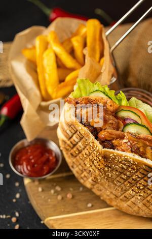 Saftiges Hühnchen-Pita-Sandwich mit goldenen Pommes frites und Ketchup auf Holzbrett, Nahaufnahme Stockfoto