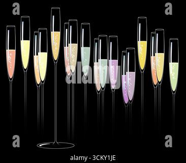 Sekt und Sekt, der in dünnen Kristallflöten sprudelt, sind auf schwarzem Hintergrund zu sehen. Dies ist eine 3D-Abbildung. Stockfoto