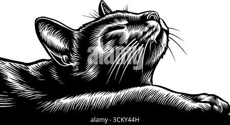 Schwarz-weißes Holzschnitt-Design einer Katze, die ihren Rücken bog. Stock Vektor