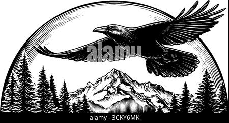Majestätischer Rabe, der über Berggipfel mit Kiefern-Silhouette schwingt. Stock Vektor
