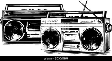 Vintage-Boom-Box und Kassettendeck mit Antenne für Retro-Musikliebhaber. Stock Vektor