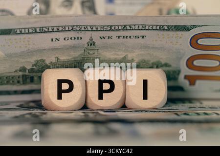 PPI-Symbol, Producer Price Index. Herstellerpreisindex. Ein Maß für Inflation oder Deflation, das Preisniveau der Erzeuger, die Produktion von Waren und Stockfoto