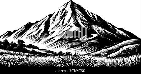 Majestätischer einsamer Berg, umgeben von flachen Ebenen mit Schwarz-weiß-Print. Stock Vektor