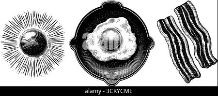 Vintage-Frühstücksset mit Pfanne, sonnigem Ei und Speck im Retro-Stil. Stock Vektor