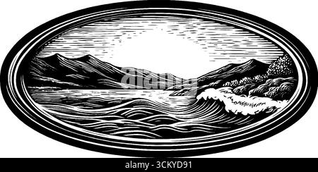Ozeanabenteuer durch ein Bullauge mit Berg- und Wellenszene in Schwarz-weiß-Design. Stock Vektor