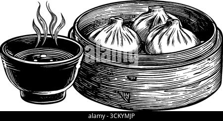 Traditionelle asiatische Küche: Dämpfen von Teigtaschen im Bambusdampfer mit Dippsoße für kulinarische Kunst. Stock Vektor