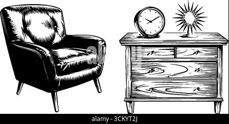 Retro-Eierstuhl und Sideboard-Design aus Holz für die Inneneinrichtung. Stock Vektor