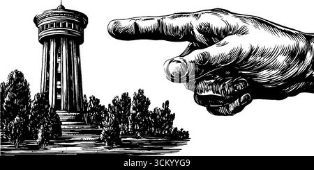 Der Reiseleiter zeigt Hand auf den Wahrzeichen der Stadt im Vintage-Stil für Reisedesign. Stock Vektor