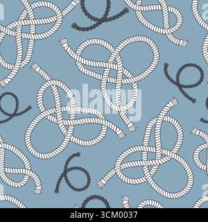 Marineblaues, nahtloses Muster. Gekrümmte nautische Schlaufen und Knoten, wiederholte Marinekabelelemente, Quasten an den Enden. Textil, Geschenkpapier, Tapete Stock Vektor
