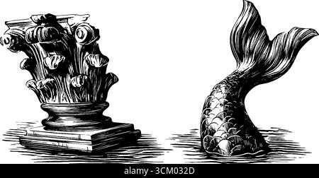 Geschnitztes Meerjungfrauen-Ornament mit dekorativer Schiene in Schwarz-weiß-Gravur. Stock Vektor