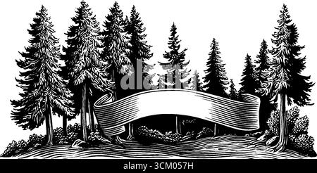 Vintage-Banner für Campingplätze mit Kiefernwald und rustikalem Rahmen für Design. Stock Vektor