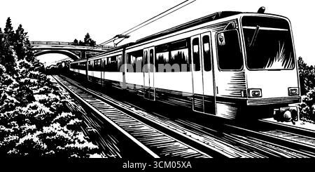 Oldtimer-Straßenbahnwagen und Dachkabelszene für Retro-Design. Stock Vektor
