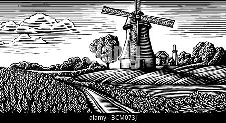 Vintage-Windmühle mit Blick auf das Weizenfeld in Schwarz-weiß-Skizze für Retro-Design. Stock Vektor