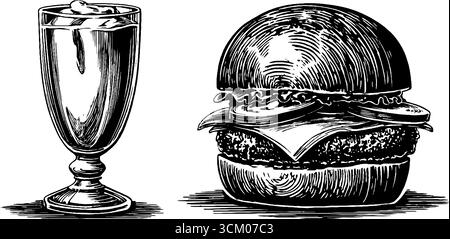 Vintage-Vanillemilkshake und Cheeseburger-Retro-Design für Menüs und Poster. Stock Vektor