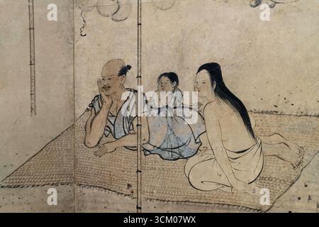 Detail aus Cooling Off, ein Gemälde von Kusumi Morikage, Edo-Zeit, 17. Jahrhundert; untergebracht im Honkan Building, Tokyo National Museum in Japan. Stockfoto