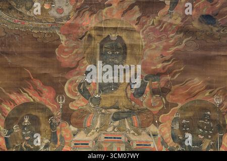 Detail aus fünf großen Weisheitskönigen, Seidenmalerei aus der Edo-Zeit (17. Jahrhundert); untergebracht im Honkan-Gebäude, Tokyo National Museum in Japan; Fudo Myoo Stockfoto