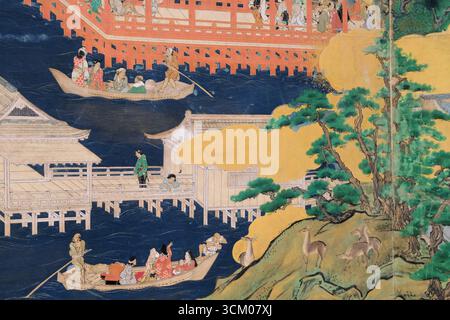Detail der Vergnügungen auf dem Itsukushima Faltbild; Besucher des Itsukushima-Schreins, Pilger, die mit dem Boot ankommen; Nationalmuseum Tokio in Japan. Stockfoto