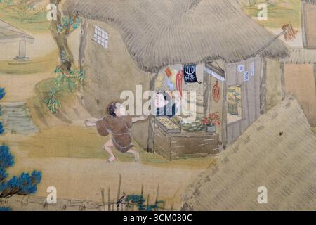 Detail aus Szenen in und um Kyoto von Sumiyoshi Gukei, Edo-Zeit, 17. Jahrhundert; Tokyo National Museum, Japan; Lebensmittelverkäufer, Restaurant, gasthof. Stockfoto