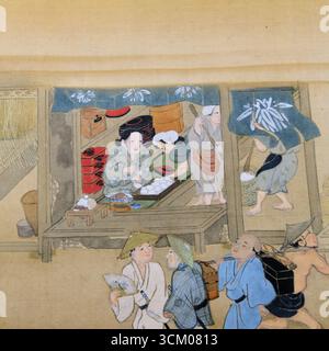 Detail aus Szenen in und um Kyoto von Sumiyoshi Gukei, Edo-Zeit, 17. Jahrhundert; Tokyo National Museum, Japan; Chukaman gedämpfte Brötchenverkäufer, Koch. Stockfoto