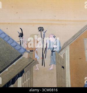 Detail aus Szenen in und um Kyoto von Sumiyoshi Gukei, Edo-Zeit, 17. Jahrhundert; Tokyo National Museum, Japan; Schwert- und Waffenverkäufer, Verkäufer. Stockfoto