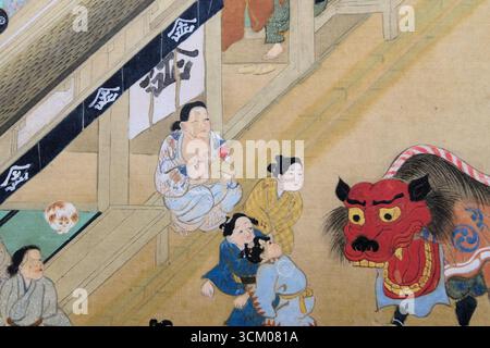Detail aus Szenen in und um Kyoto von Sumiyoshi Gukei, Edo-Zeit, 17. Jahrhundert; Tokyo National Museum, Japan; Mutter stillendes Kind; Drache. Stockfoto