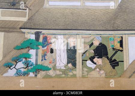 Detail aus Szenen in und um Kyoto von Sumiyoshi Gukei, Edo-Zeit, 17. Jahrhundert; Tokyo National Museum, Japan; Bildhauer, der religiöse Statuen herstellt. Stockfoto