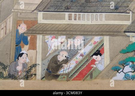 Detail aus Szenen in und um Kyoto von Sumiyoshi Gukei, Edo-Zeit, 17. Jahrhundert; Tokyo National Museum, Japan; Weber arbeiten an einem Wandteppich. Stockfoto