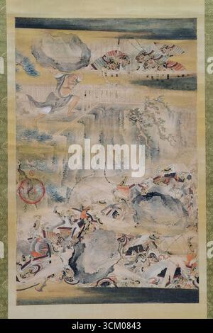 Mönch Honjobo bereitet sich vor, einen Boulder zu werfen, Gemälde von Iwasa Matabei, Edo-Zeit, 17. Jahrhundert; im Honkan-Gebäude, Tokyo National Museum, Japan. Stockfoto