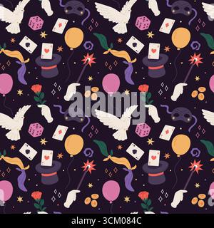 Magie zeigt nahtloses Muster. Zubehör für wiederholte illusionistische Aufführungen, Ausrüstung für Cartoon-Zauberer, Stunts-Gegenstände. Dekor aus Textil, Geschenkpapier Stock Vektor