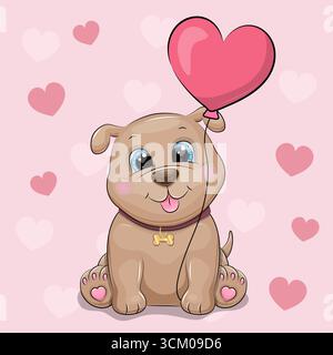 Niedliches Cartoon-Hündchen mit Herzballon. Vektor-Illustration eines Tieres auf rosa Hintergrund mit Herzen. Stock Vektor