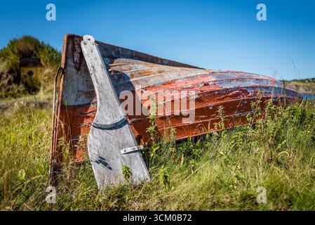 Ein verlassenes Dory im Gras bei Durrell, Neufundland, mit einem Wurzelkeller im Hintergrund Stockfoto