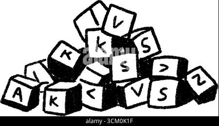 Skizze von verstreuten Alphabetblöcken mit handgezeichneter Textur. Stock Vektor