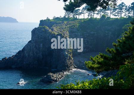 Basaltklippen und Kiefern umrahmen die zerklüftete Küste in der Nähe von Oedolgae, wo sich ein Taschenstrand und eine Bucht unter der Landzunge befinden. Stockfoto