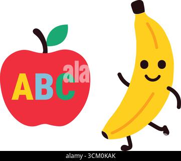 ABC Apfel & Dancing Banana – lustiges Lernfrucht-Duo Stock Vektor
