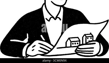 Geschäftsmann analysiert Immobilienskizze für Investitionsplanung. Stock Vektor