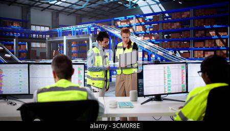 Multiracial Team Arbeitet An Business Intelligence Für Warehouse Management Operations Zusammen Stockfoto