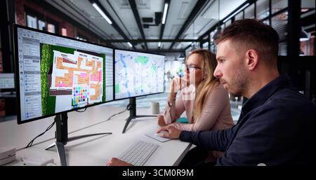 Weibliche Designerin Mit Moderner Computersoftware Für Innenbauprojekte. Stockfoto