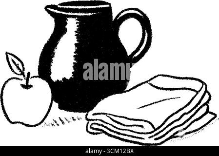 Elegante Stillleben-Skizze mit Keramikkkanne und Apfel für künstlerische Inspiration. Stock Vektor
