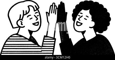 Freunde feiern mit einer hohen fünf Geste im verspielten Skizzenstil. Stock Vektor