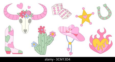 Set mit Cowgirl-Design-Elementen. Cowgirl Stiefel, Kuhschädel, Hut, Hufeisen, Kakteen, Sheriff Star und Würfel. Cowboy-Westernthema, Wilder Westen. Vektorabbildung in abgewickelter Form. Stock Vektor