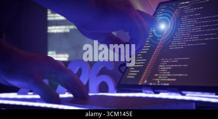 Nahaufnahme einer Hand, die in einer Hightech-Umgebung mit futuristischer Code-Schnittstelle auf dem Touchscreen interagiert und 2026 die Programmierung symbolisiert. Stockfoto