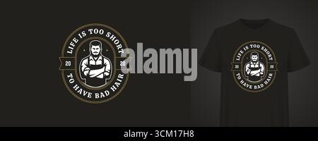 Vektor-Illustration mit Retro-Design stilvoller Mann mit einem Bart umgeben von der Inschrift Leben ist zu kurz, um schlechte Haare zu haben. Geeignet zum Drucken Stock Vektor