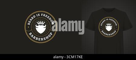 Stilvolles Logo für einen Friseur mit Bart und Krone, umgeben von Text im Vintage-Stil. Das Design ist auf einem schwarzen T-Shirt aufgedruckt und sorgt so für einen Fashi Stock Vektor