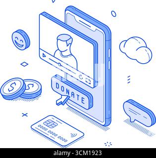 Spende Internet Blog Vlog Zahlen Unterstützung monochrome isometrische Vektor Illustration. Spende Blogger Vlogger Influencer Geld senden abonnieren Stock Vektor
